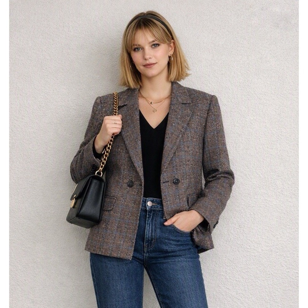 Vintage Plaid Blazer Womens S 100% Wool Jacket